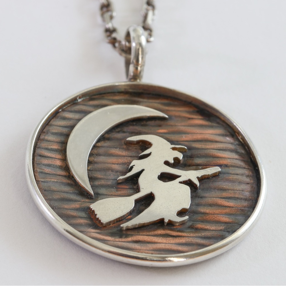 Sterling Silver Witch on Broom Pendant Necklace with Copper Moonlit Background - Picture 6 of 7
